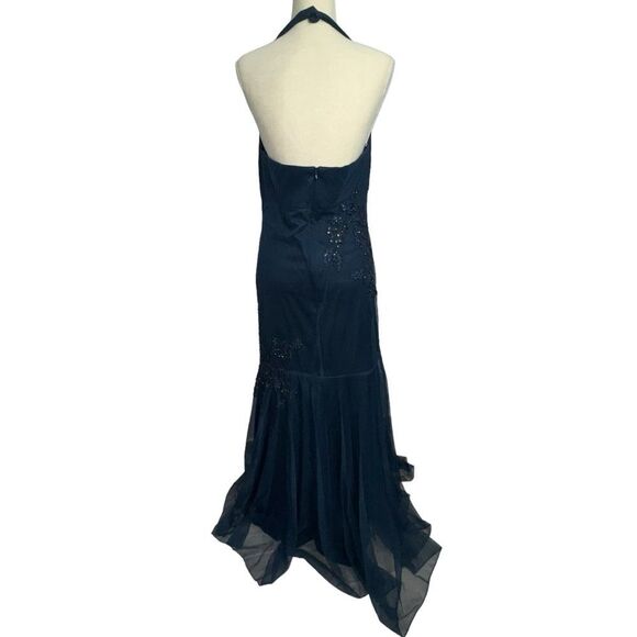 Xscape Solid Dark Blue Strapless Halter mermaid Formal long Dress Floral size 16 - Picture 8 of 16